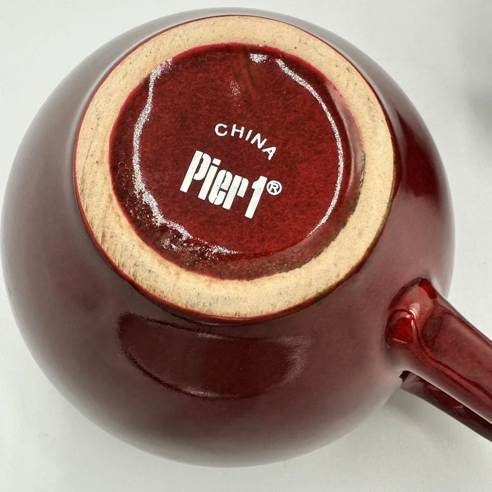 Pier 1 Coffee Mugs Set of 4 Brown‎ 12oz Glossy Stoneware Round Tea Cups Tote N